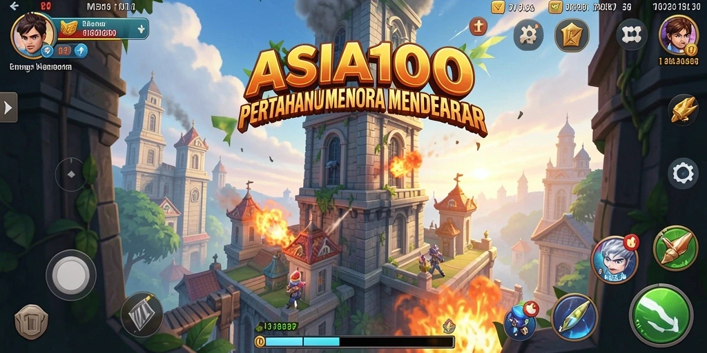 Tampilan gameplay ASIA100 dengan pertahanan menara yang strategis.