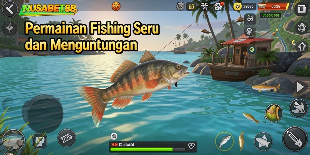 Tampilan gameplay seru dengan berbagai ikan menunggu untuk ditangkap.